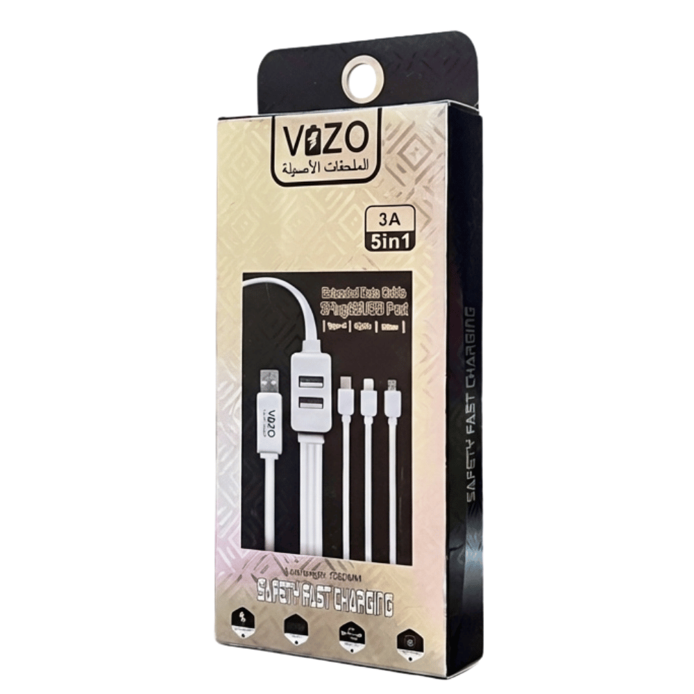 VIZO 5in1 Multi Device Charging Cable – Fast, Safe & All in One Cable with 3 Plugs & 2 USB Ports Image 3
